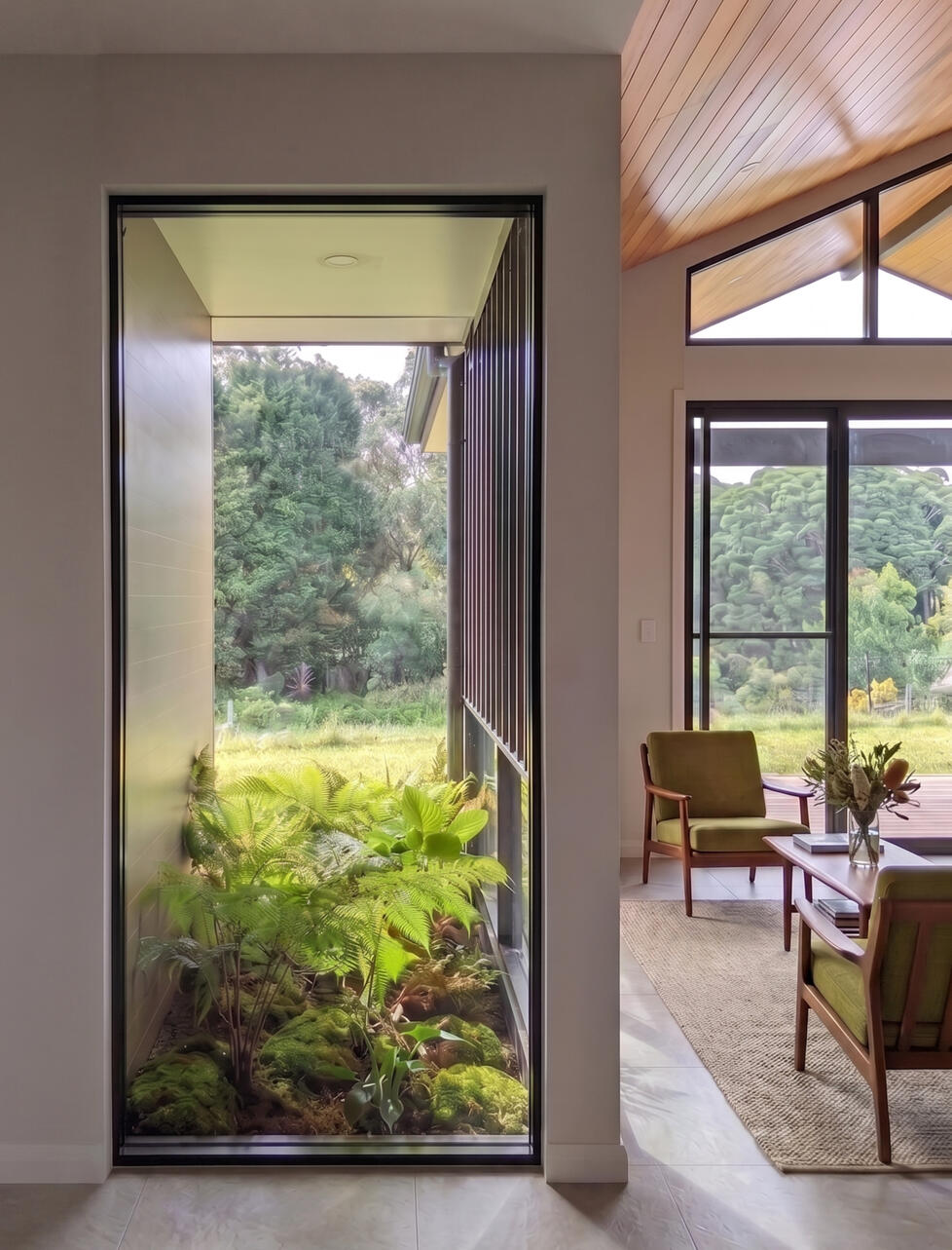 Studio Violett Mt Tamborine project interior living space viewing adjacent courtyard to facilitate natural light and framed distant views