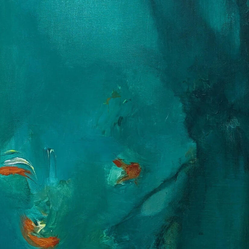 Studio Violett original art selection featuring a calm blue and teal abstract painting by Jenna Daley
