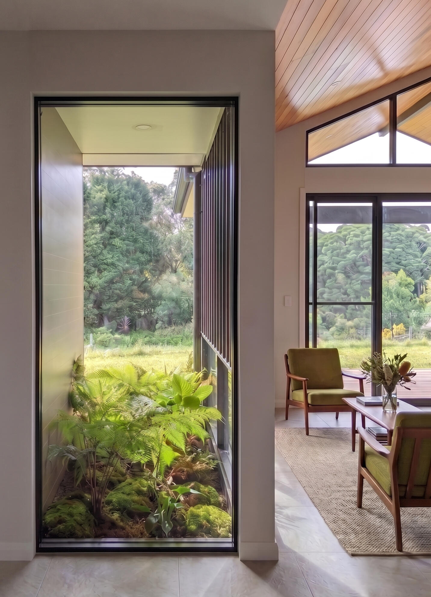 Studio Violett Mt Tamborine project interior living space highlighting natural light, subtle shadows, curated furniture, and framed distant views