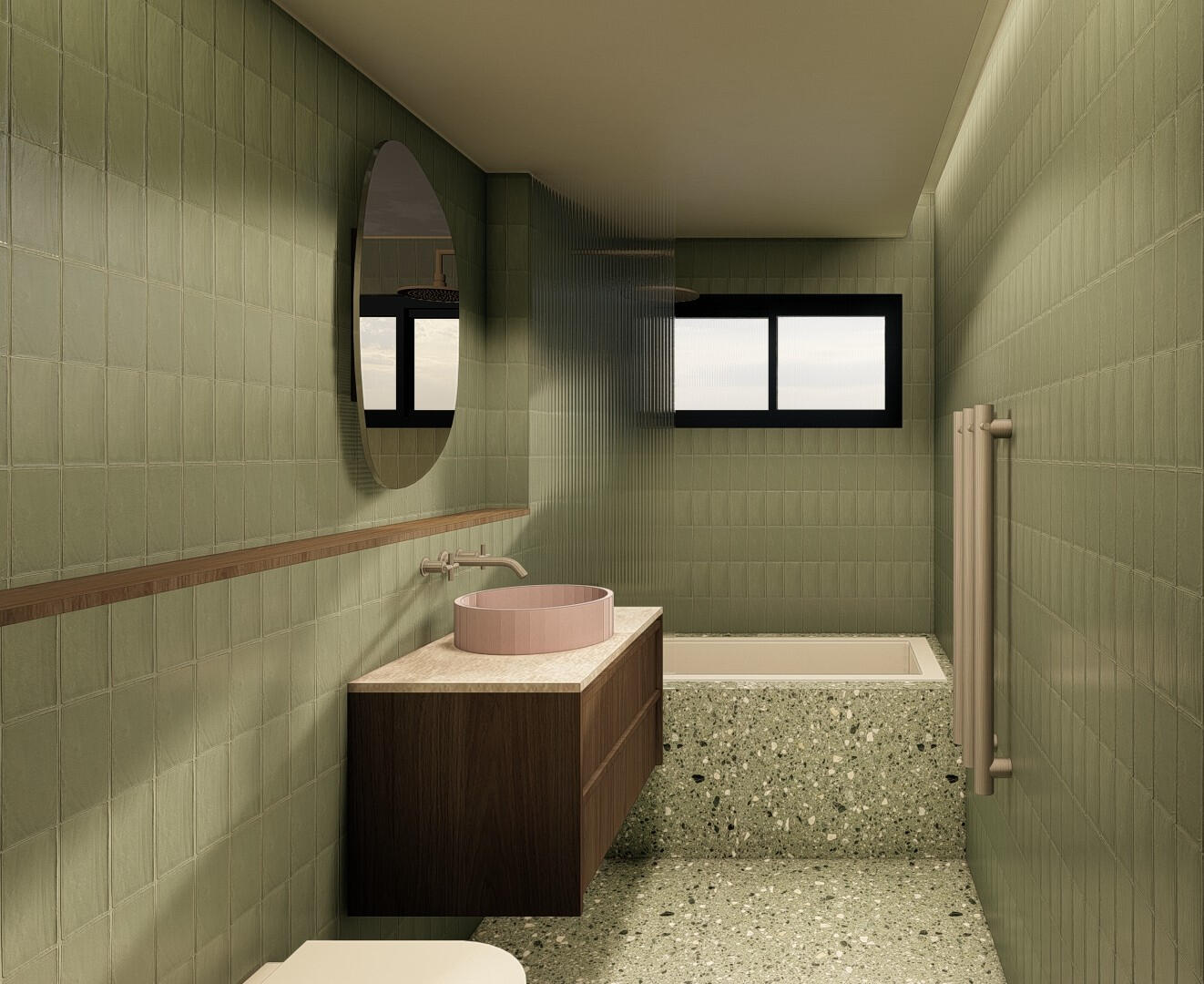 Studio Violett bathroom design featuring green tiles, a floating timber vanity with a pink basin, and terrazzo flooring