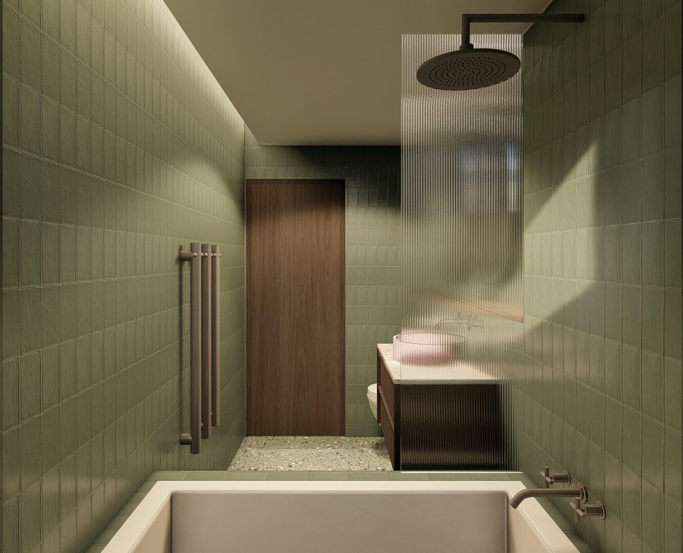 Fluted Glass Shower Screen and Green Kit-Kat Wall Tiles Studio Violett bathroom detail view highlighting natural light filtration across green tiled walls, an organic shaped mirror, and textured lighting fixtures