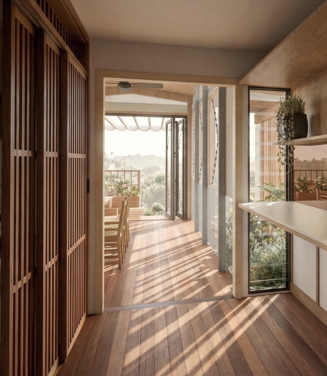 Rich interior space Studio Violett Oxley Farmhouse conceptual residential interior featuring warm timber joinery, natural light, recycled material, delicate screening and refined spatial design