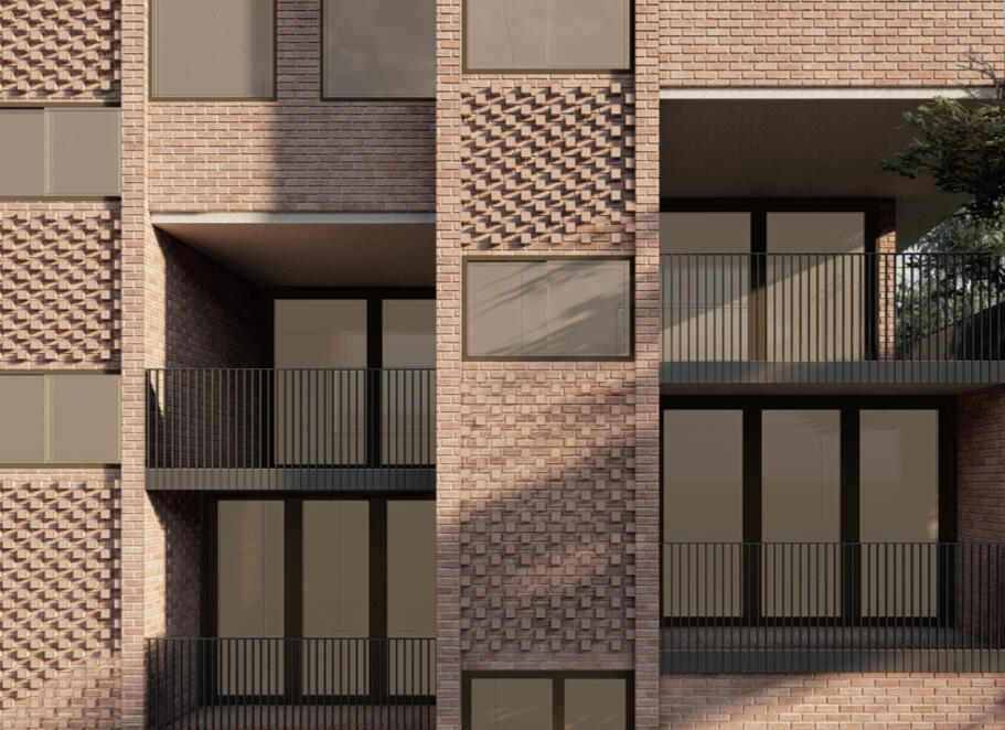 Detail of exterior facade renovation Studio Violett Paddington renovation featuring close up of facade highlighting updated textured facade detailing, refined balustrade design, and dynamic natural light