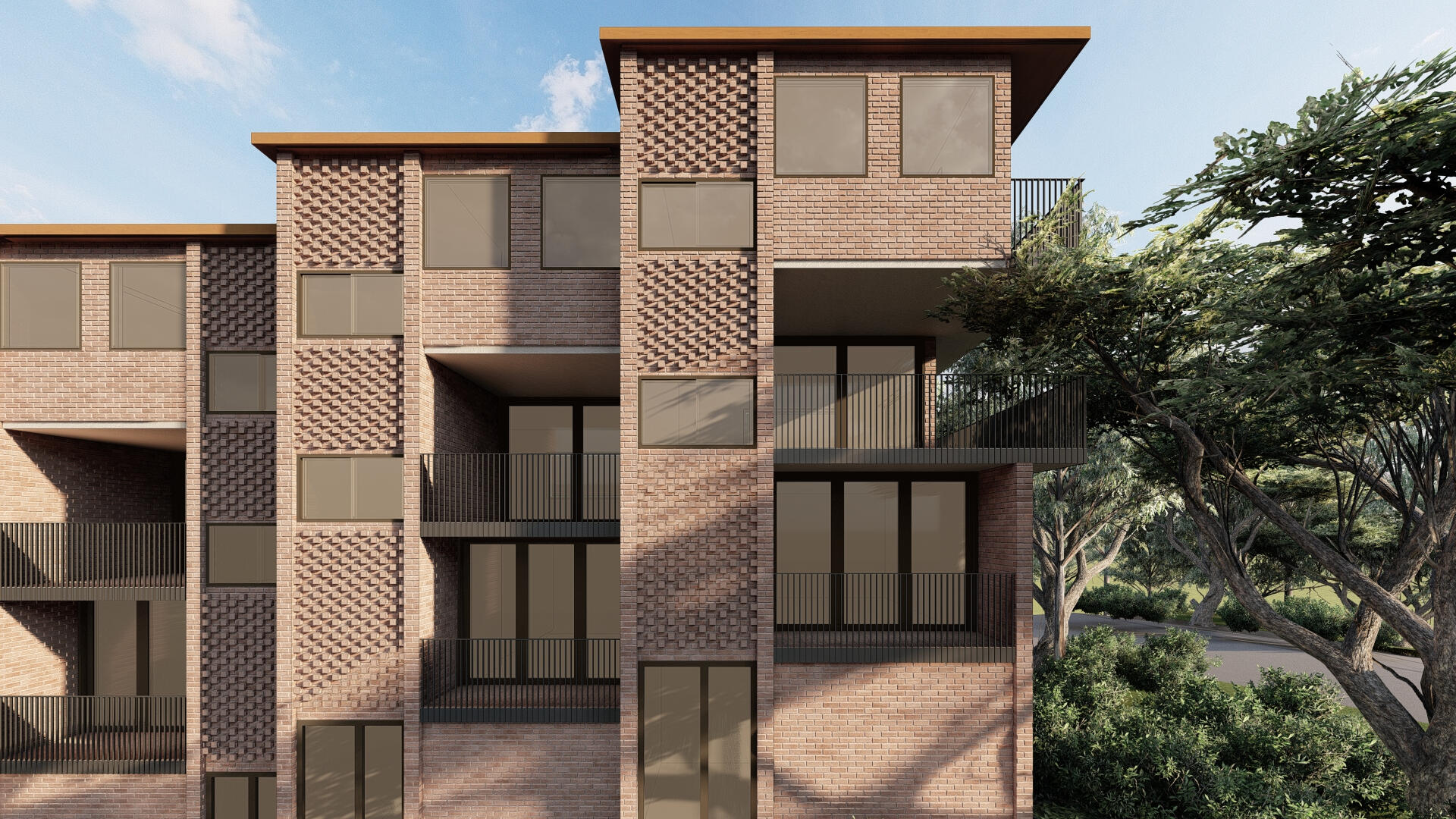 Textured Hit-and-Miss Brickwork Facade upgrade with Integrated Balconies Studio Violett multi-residential facade architecture featuring textured hit-and-miss brickwork, integrated balconies, and recessed windows