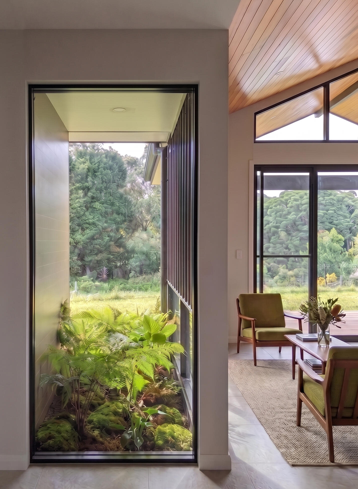 Living space light and framed outlook Studio Violett Mt Tamborine project interior living space highlighting natural light, subtle shadows, curated furniture, and framed distant views