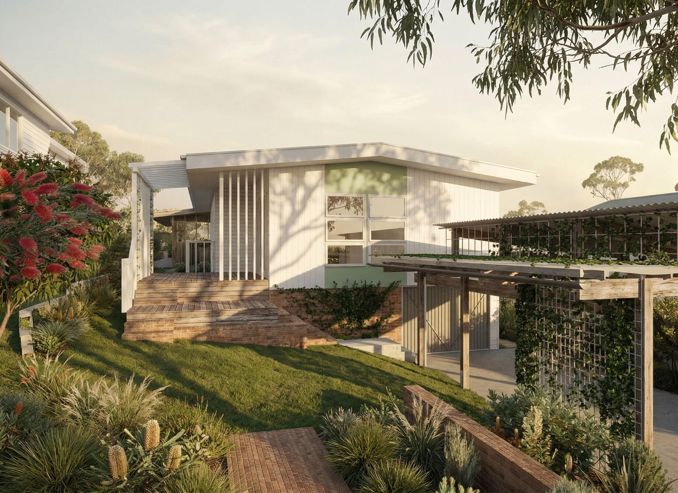 Studio Violett Oxley Farmhouse proposed modern cottage renovation featuring climate responsive screening, open verandah form, and integrated garden setting